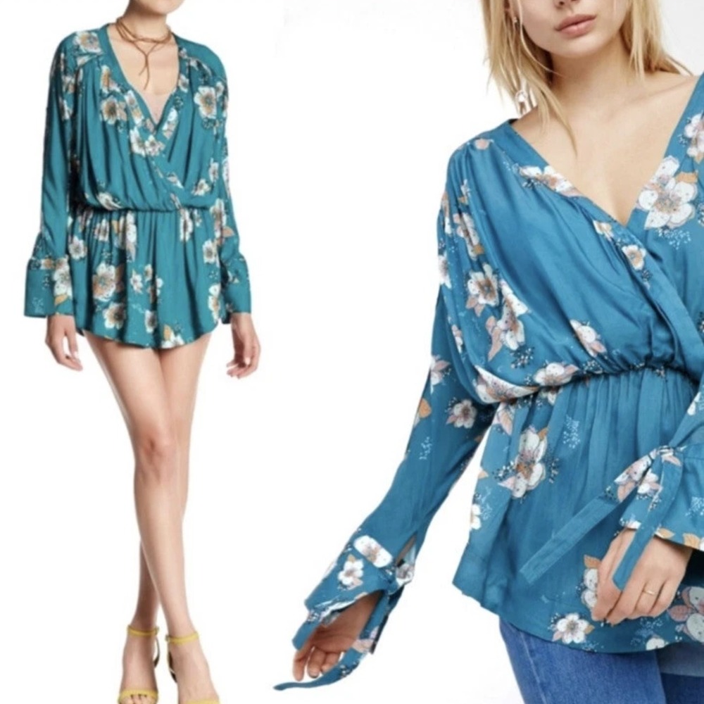 Free People Tuscan Dreams Tunic Deep‎ V Neck Long Sleeve Medium